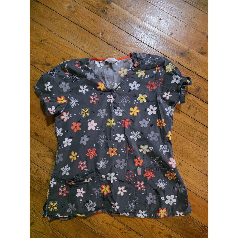 Code Happy Scrub Top Womens‎ Grey Floral V-Neck Medical Uniform Pockets